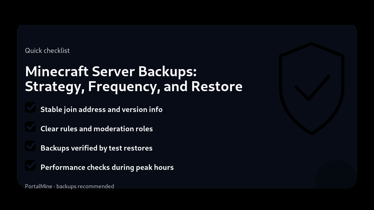 Minecraft Server Backups: Strategy, Frequency, and Restore Testing — Checklist (PortalMine guide image)