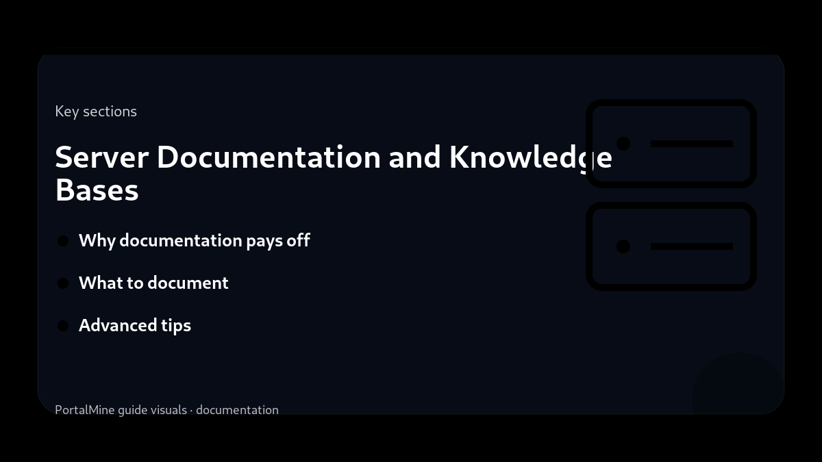 Server Documentation and Knowledge Bases — Key sections (PortalMine guide image)
