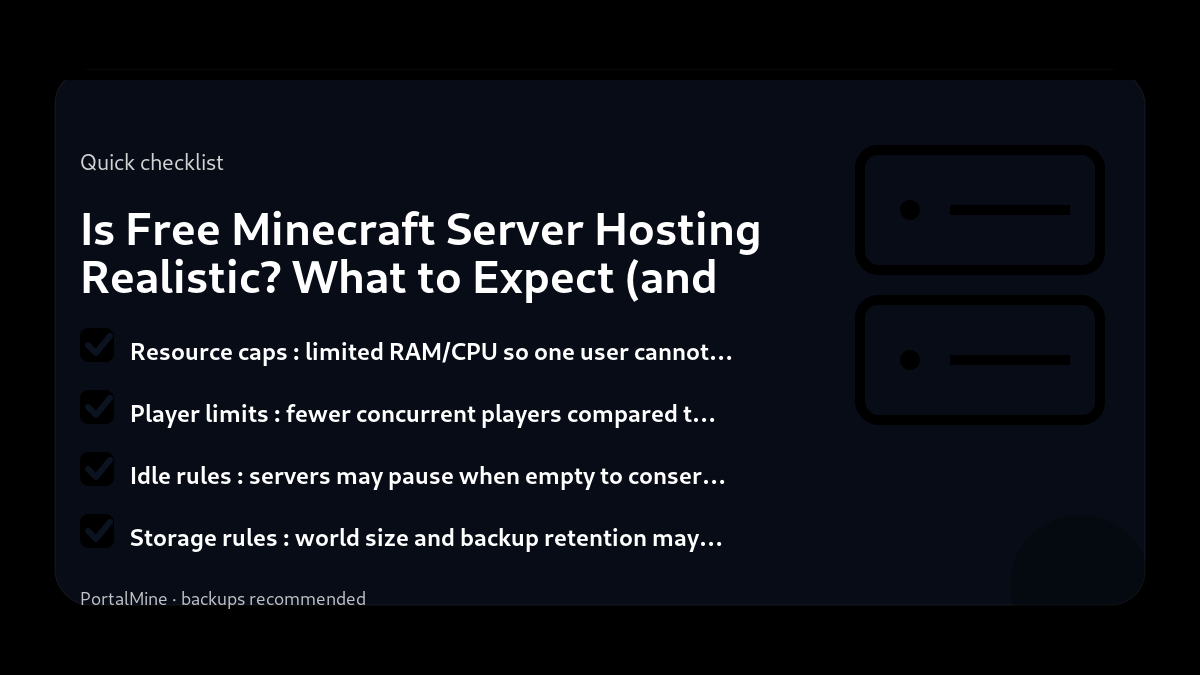 Is Free Minecraft Server Hosting Realistic? What to Expect (and What to Avoid) — Checklist (PortalMine guide image)