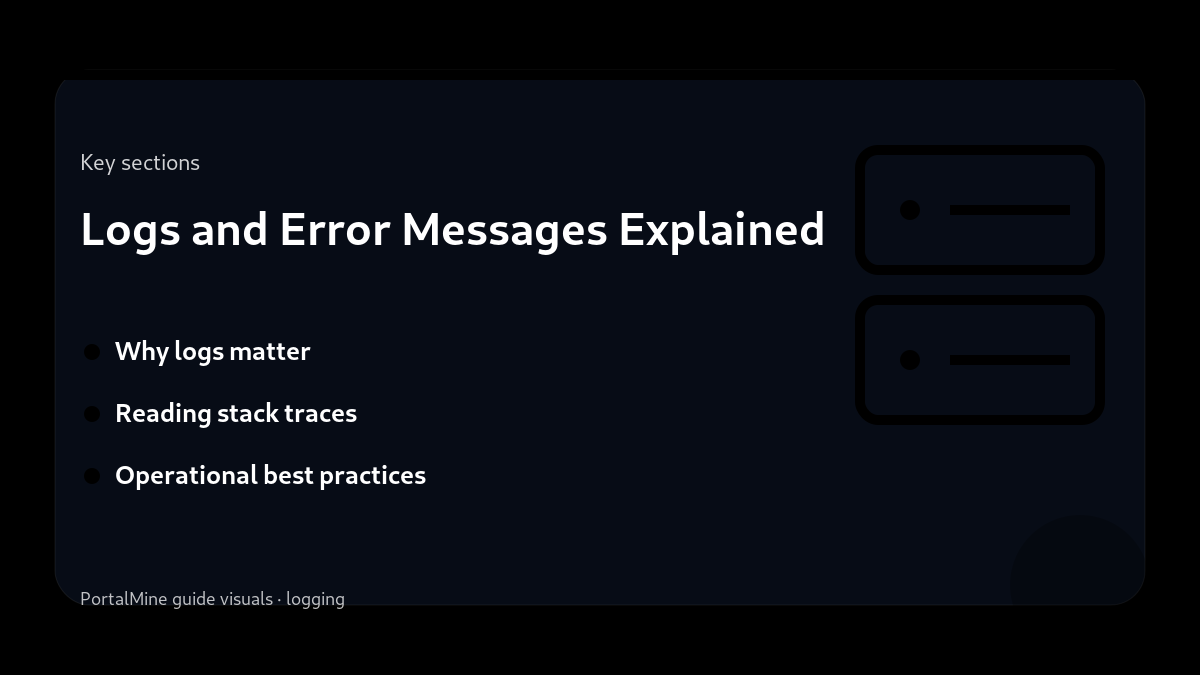 Logs and Error Messages Explained — Key sections (PortalMine guide image)