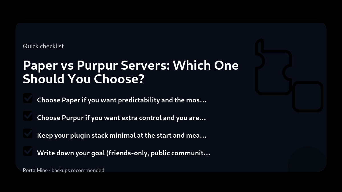 Paper vs Purpur Servers: Which One Should You Choose? — Checklist (PortalMine guide image)