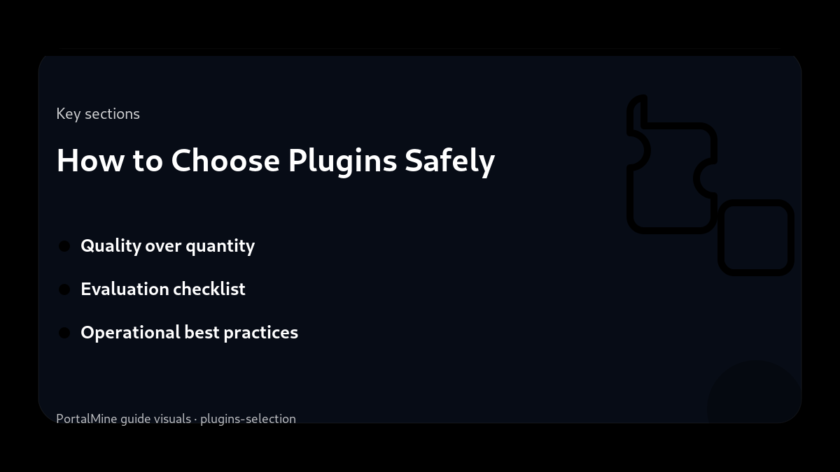 How to Choose Plugins Safely — Key sections (PortalMine guide image)