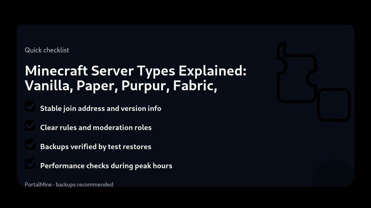 Minecraft Server Types Explained: Vanilla, Paper, Purpur, Fabric, Forge — Checklist (PortalMine guide image)